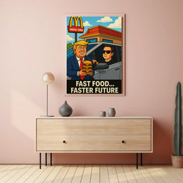 Trump Elon Fast Food Future Satirical Pop Culture Poster PosterGoat