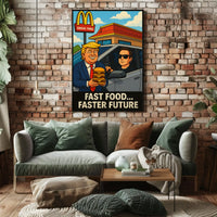 Trump Elon Fast Food Future Satirical Pop Culture Poster PosterGoat
