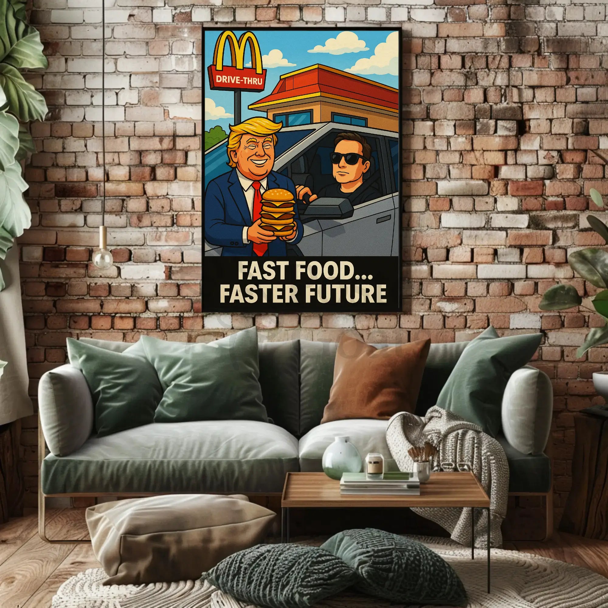 Trump Elon Fast Food Future Satirical Pop Culture Poster PosterGoat
