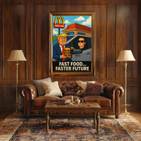 Trump Elon Fast Food Future Satirical Pop Culture Poster PosterGoat