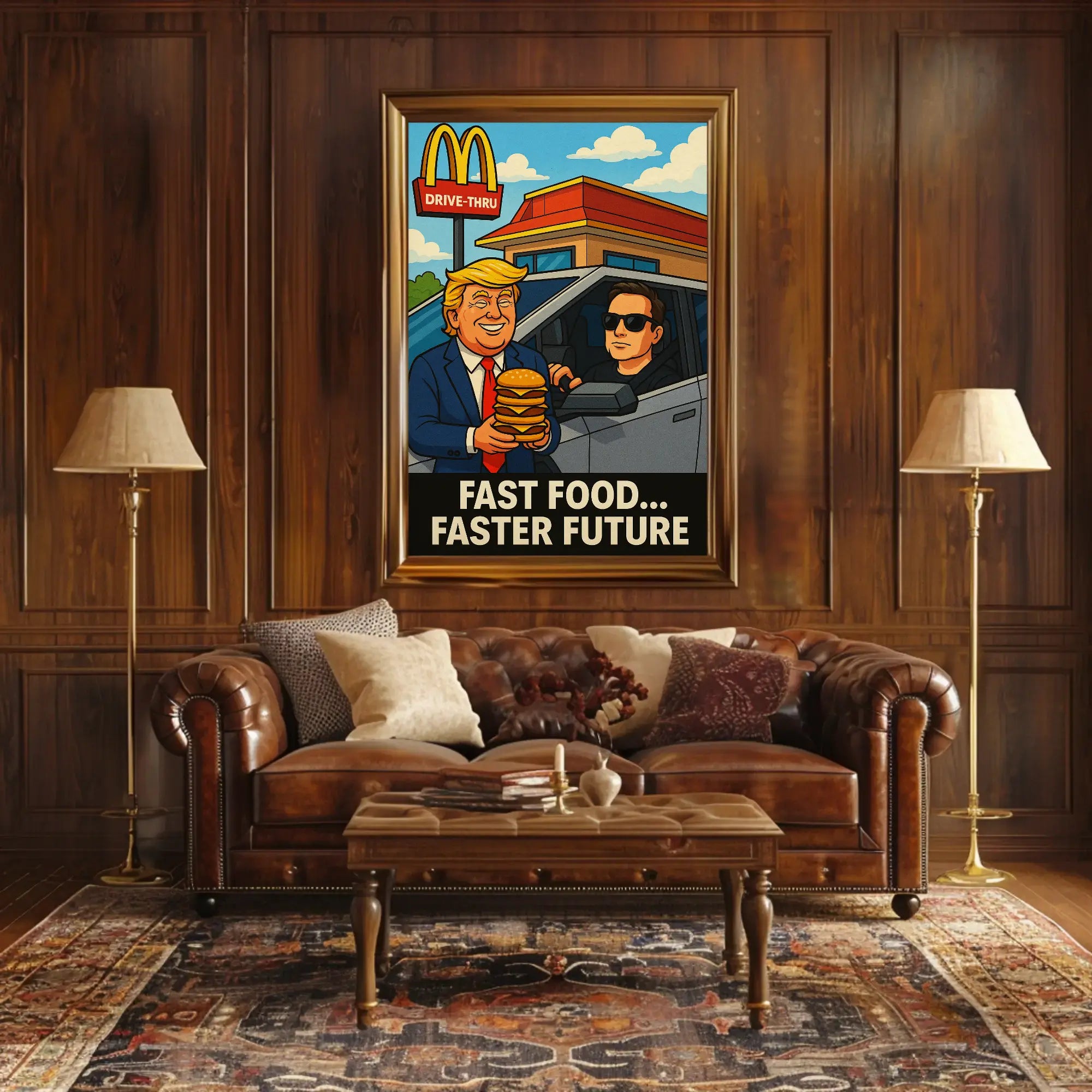 Trump Elon Fast Food Future Satirical Pop Culture Poster PosterGoat