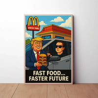 Trump Elon Fast Food Future Satirical Pop Culture Poster PosterGoat