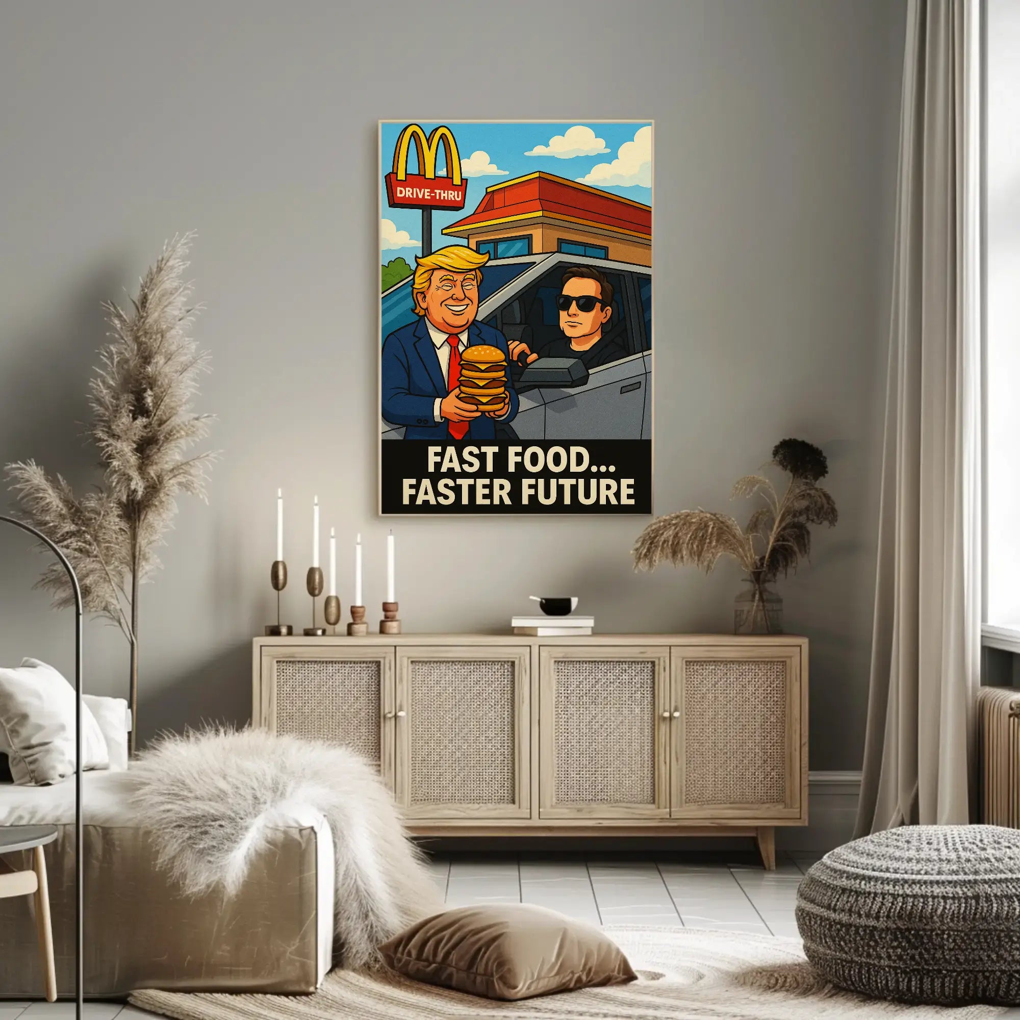 Trump Elon Fast Food Future Satirical Pop Culture Poster PosterGoat