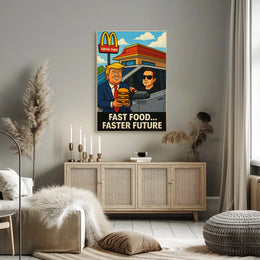 Trump Elon Fast Food Future Satirical Pop Culture Poster PosterGoat