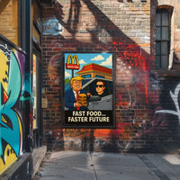 Trump Elon Fast Food Future Satirical Pop Culture Poster PosterGoat