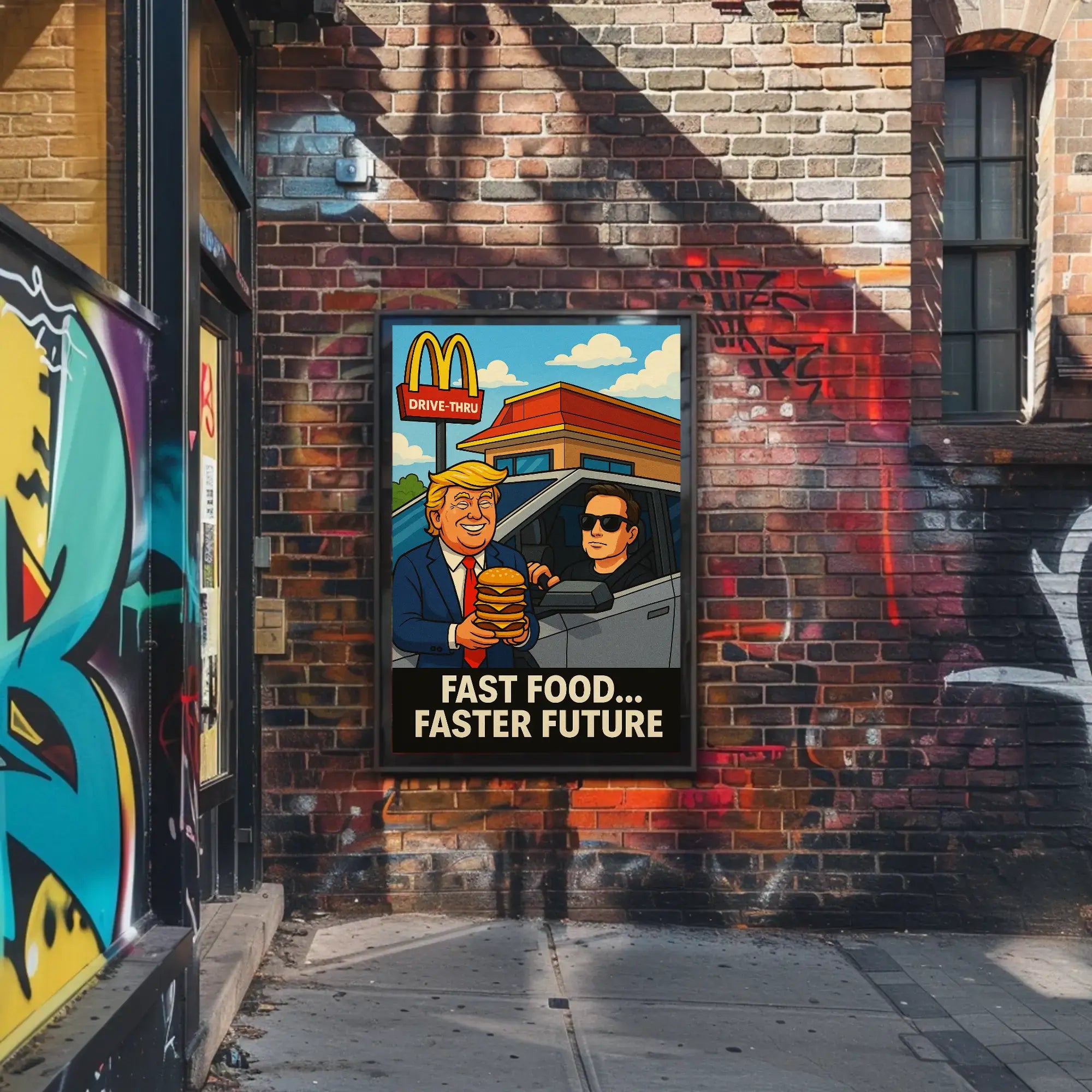 Trump Elon Fast Food Future Satirical Pop Culture Poster PosterGoat