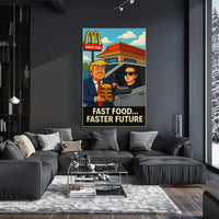 Trump Elon Fast Food Future Satirical Pop Culture Poster PosterGoat
