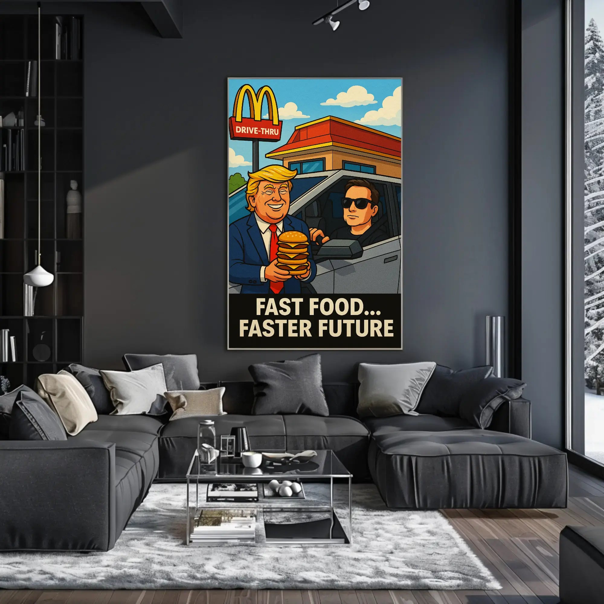 Trump Elon Fast Food Future Satirical Pop Culture Poster PosterGoat