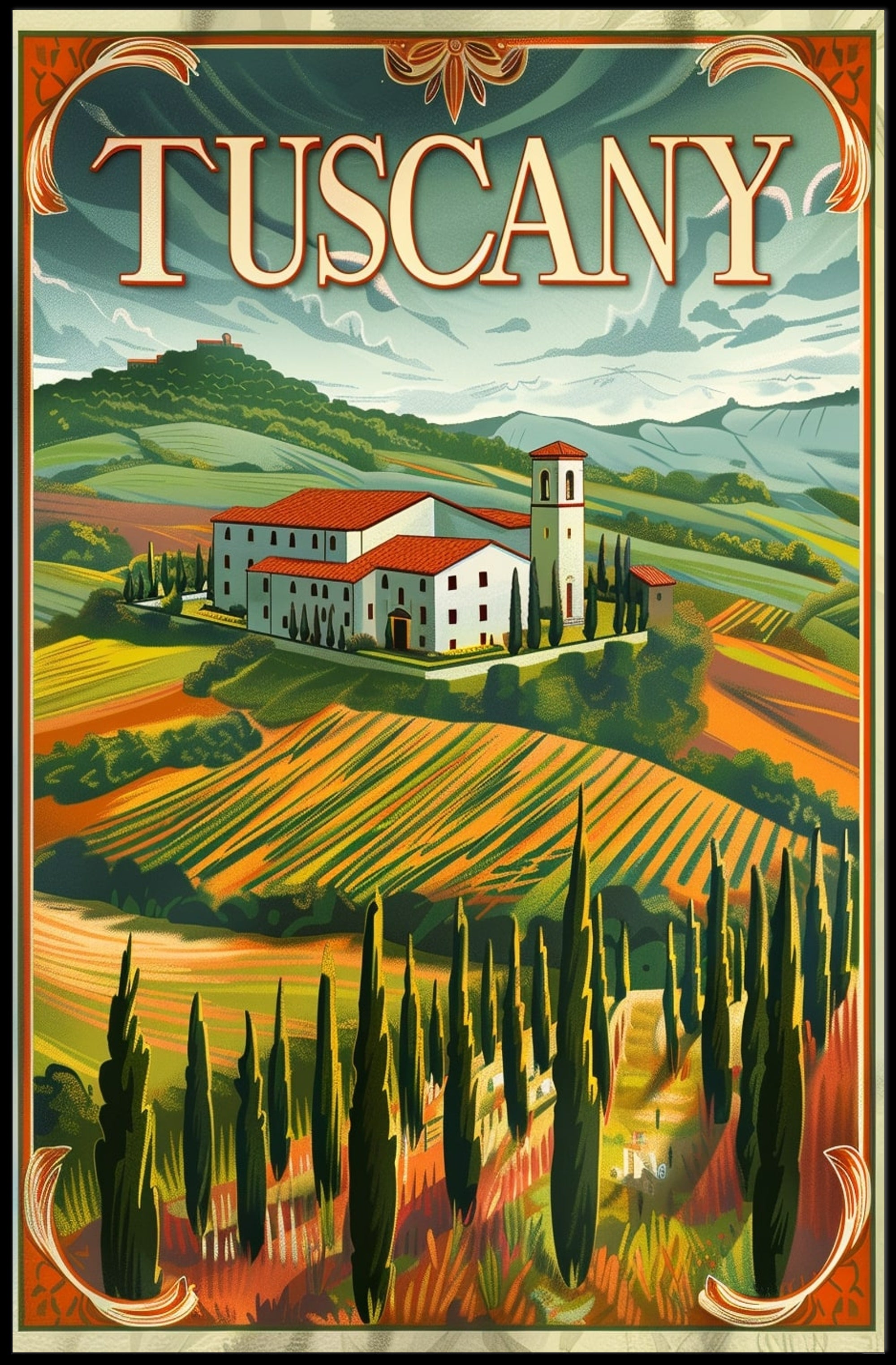 Tuscany Countryside Vintage Landscape Travel Poster PosterGoat