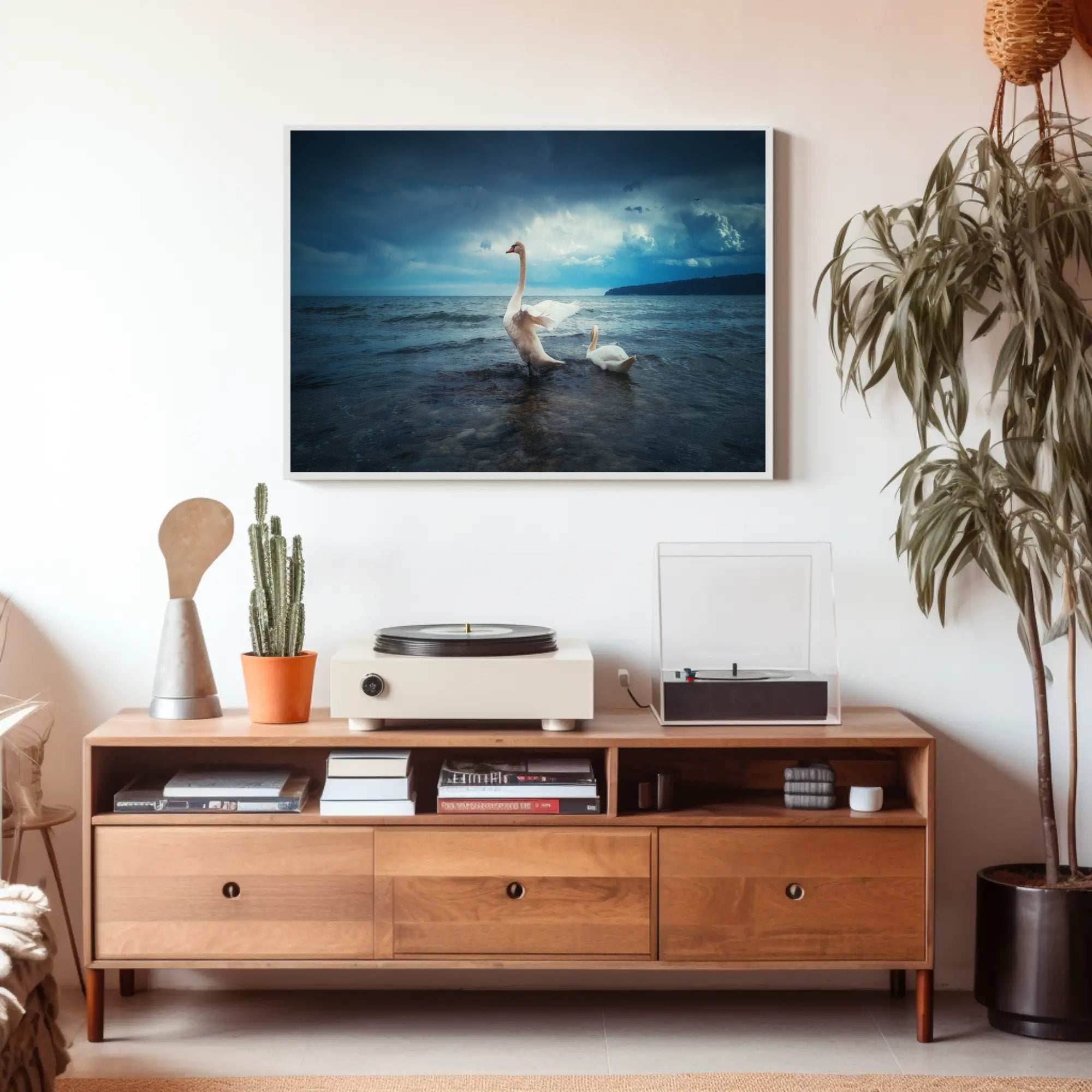 Two Swans in Serene Nature Setting Animal Poster PosterGoat