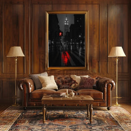 Urban Drama in Rainy Cityscape Artistic Poster PosterGoat