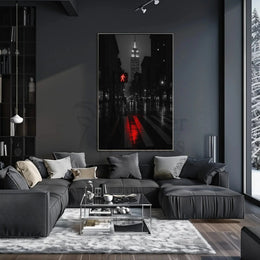 Urban Drama in Rainy Cityscape Artistic Poster PosterGoat