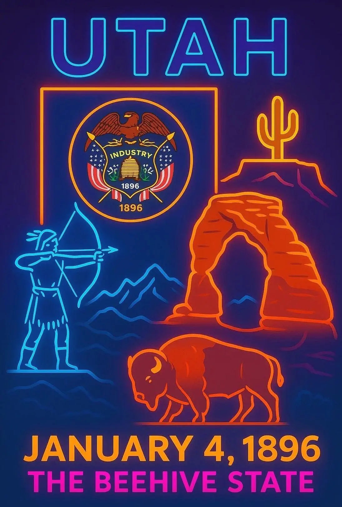 Utah Icons Neon Art Print - Cultural or Heritage Poster PosterGoat