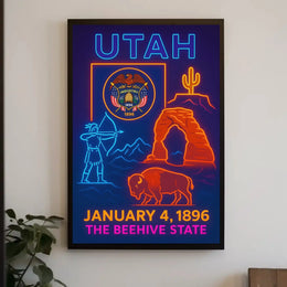 Utah Icons Neon Art Print - Cultural or Heritage Poster PosterGoat