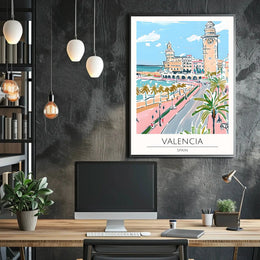 Valencia Cityscape Seaside View Travel Poster PosterGoat
