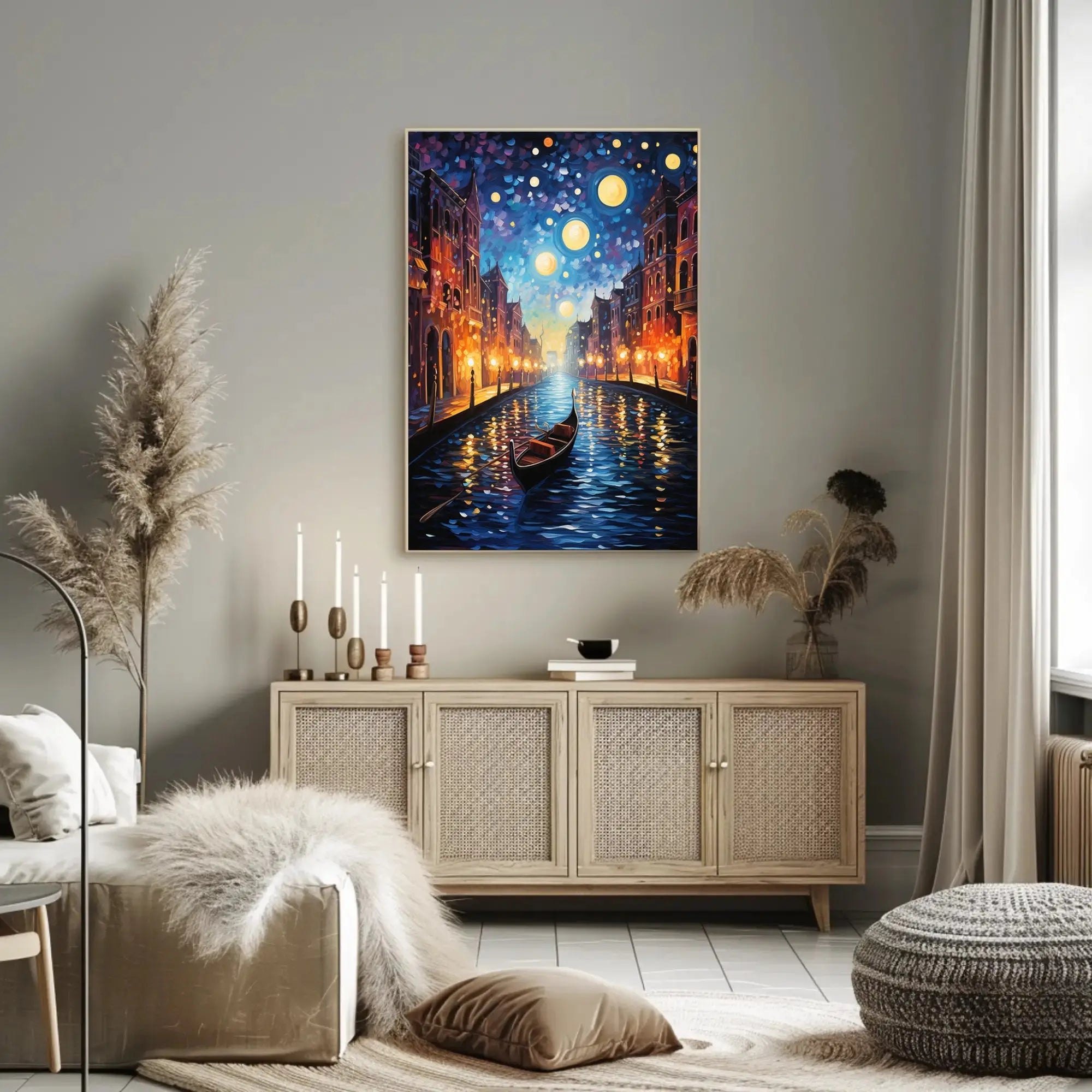 Venetian Canal Scene with Starry Night Sky Artistic Poster PosterGoat