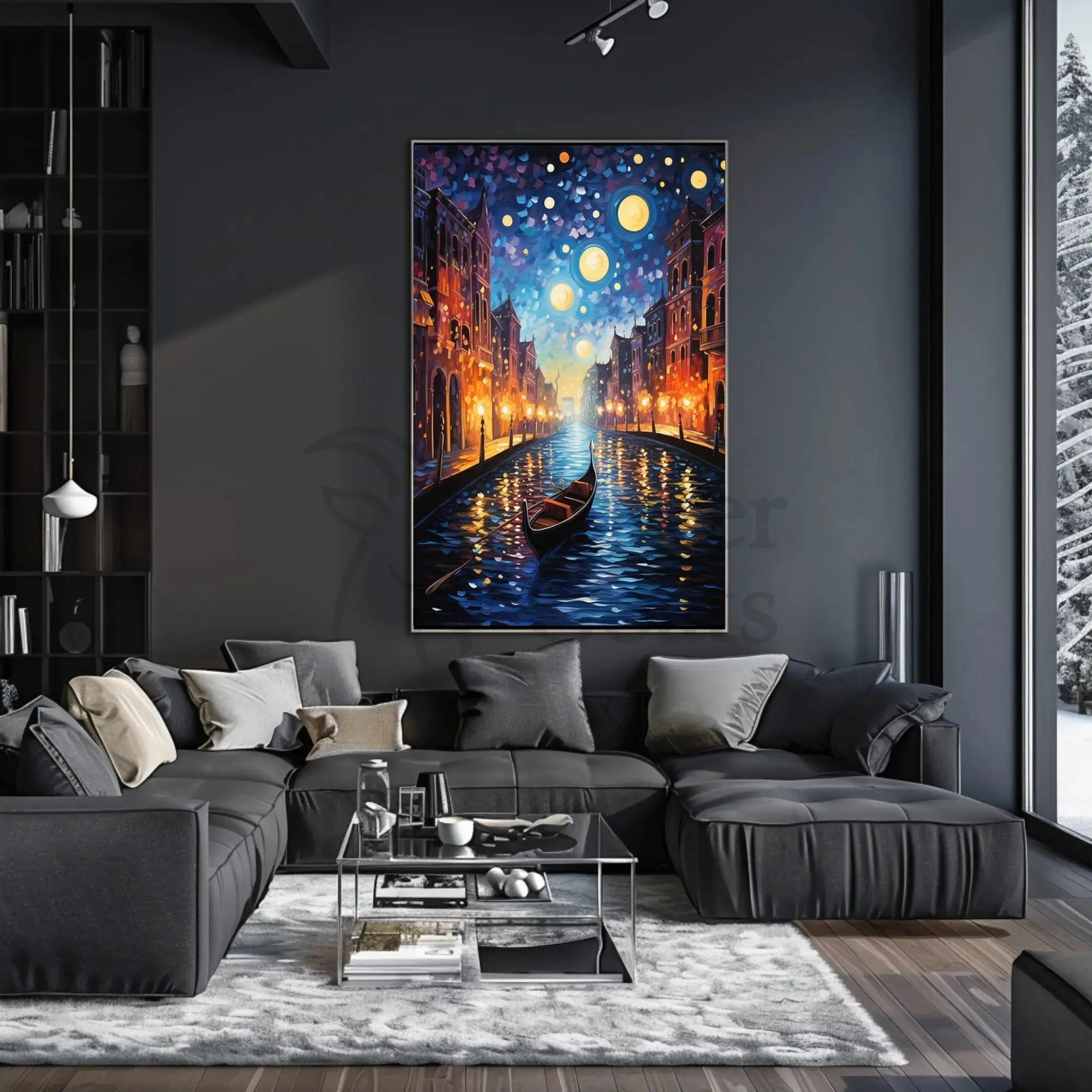 Venetian Canal Scene with Starry Night Sky Artistic Poster PosterGoat