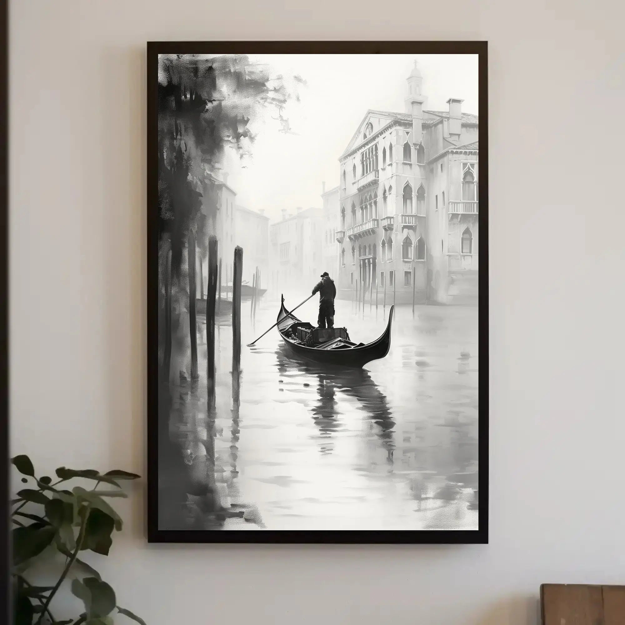 Venetian Gondolier Tranquility in Black and White Poster PosterGoat