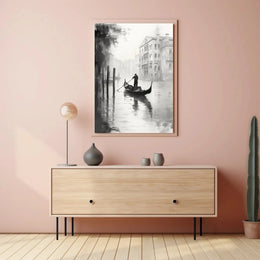 Venetian Gondolier Tranquility in Black and White Poster PosterGoat