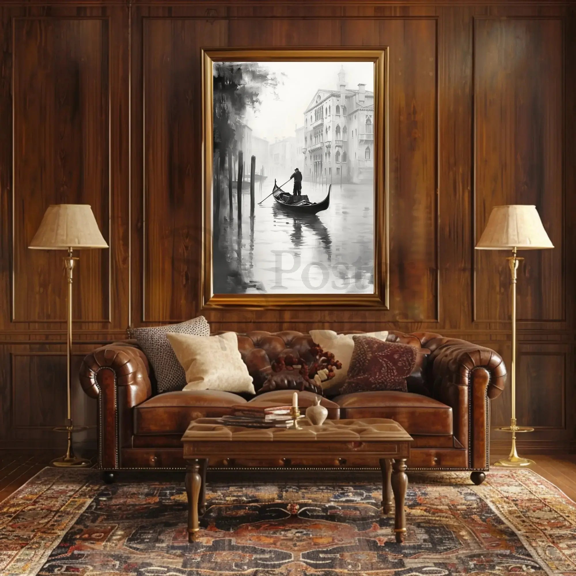 Venetian Gondolier Tranquility in Black and White Poster PosterGoat