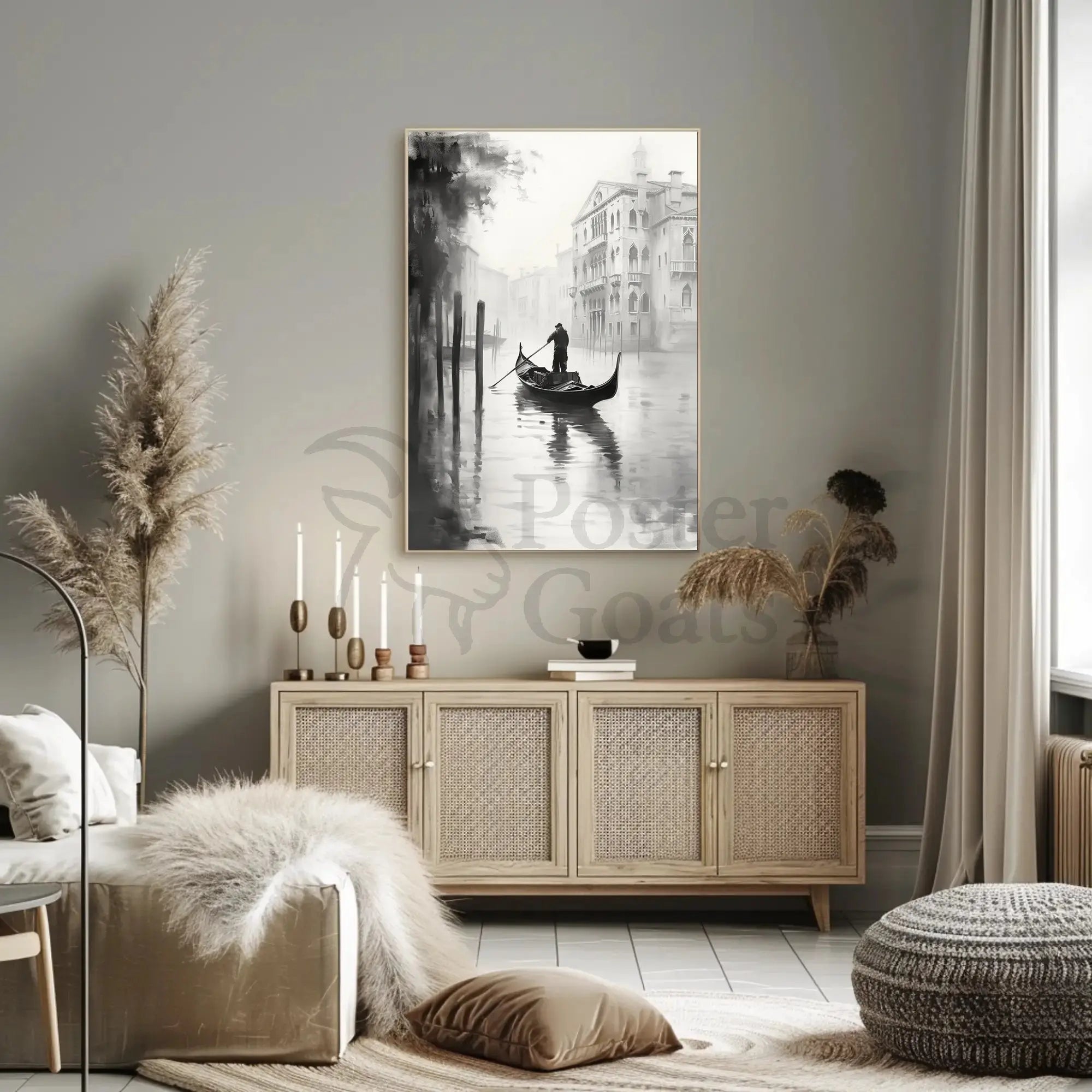 Venetian Gondolier Tranquility in Black and White Poster PosterGoat