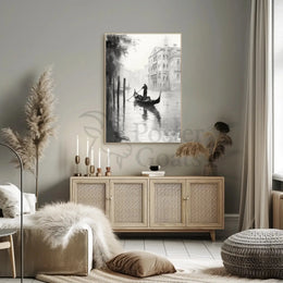 Venetian Gondolier Tranquility in Black and White Poster PosterGoat