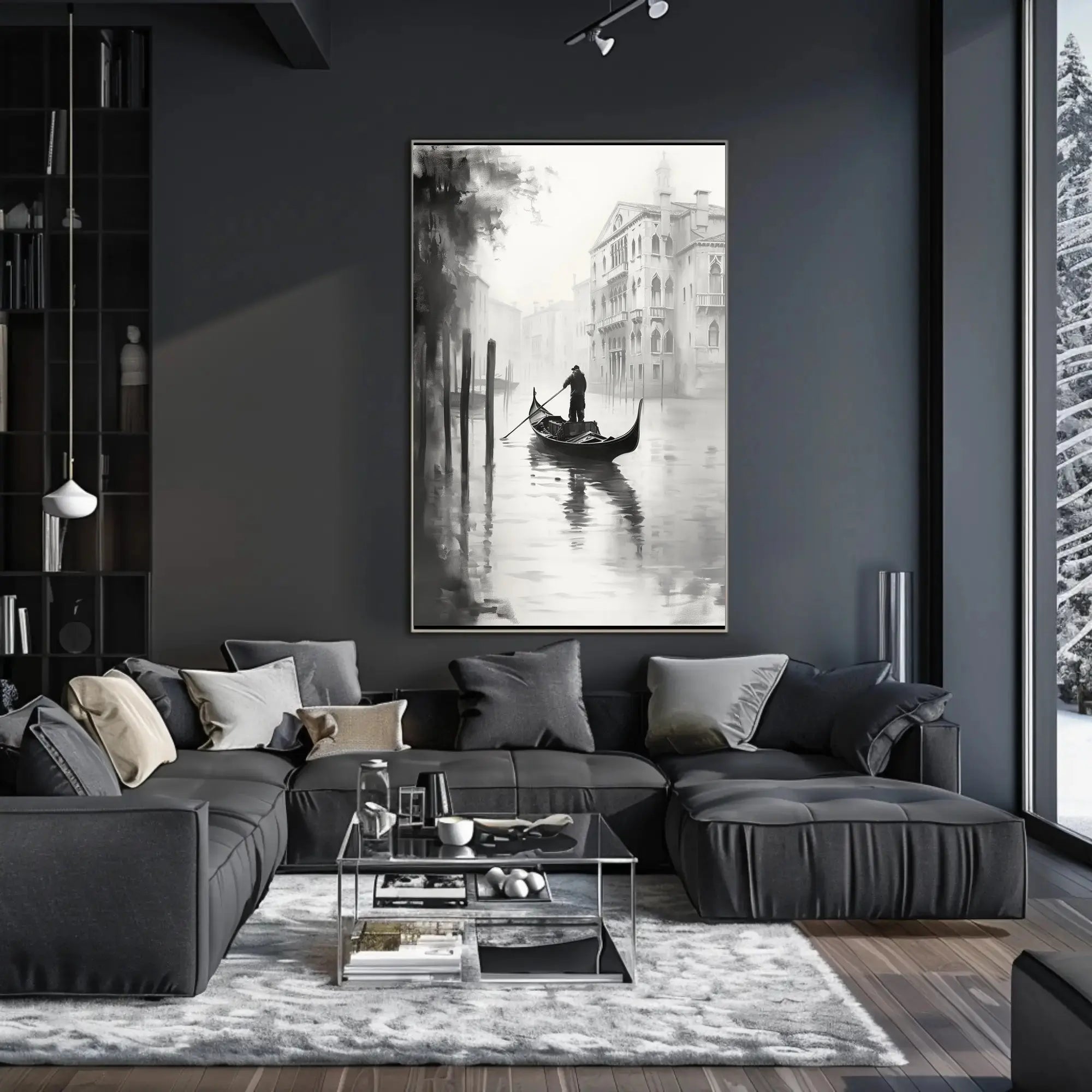 Venetian Gondolier Tranquility in Black and White Poster PosterGoat
