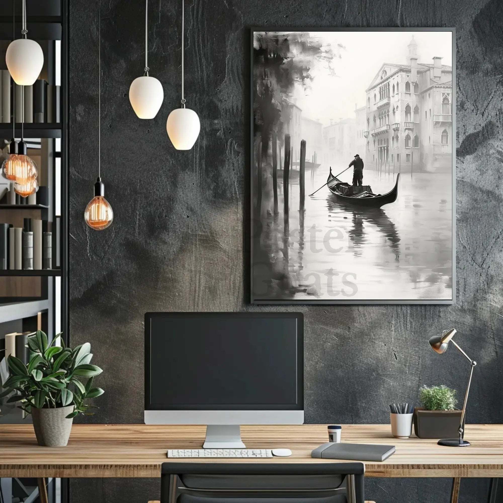 Venetian Gondolier Tranquility in Black and White Poster PosterGoat
