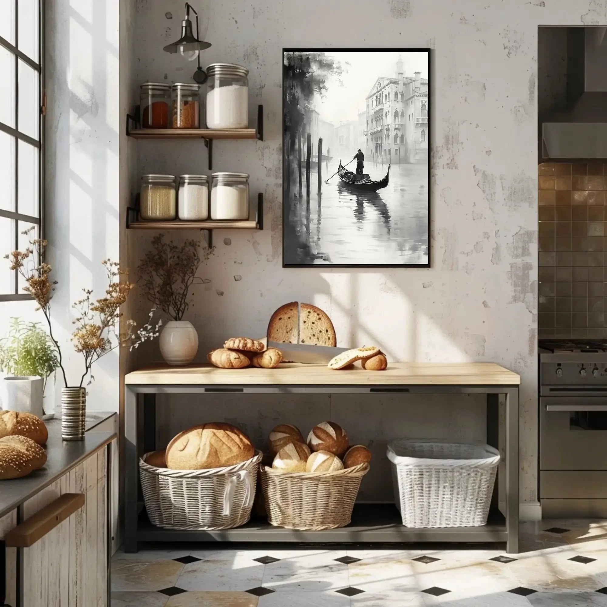 Venetian Gondolier Tranquility in Black and White Poster PosterGoat