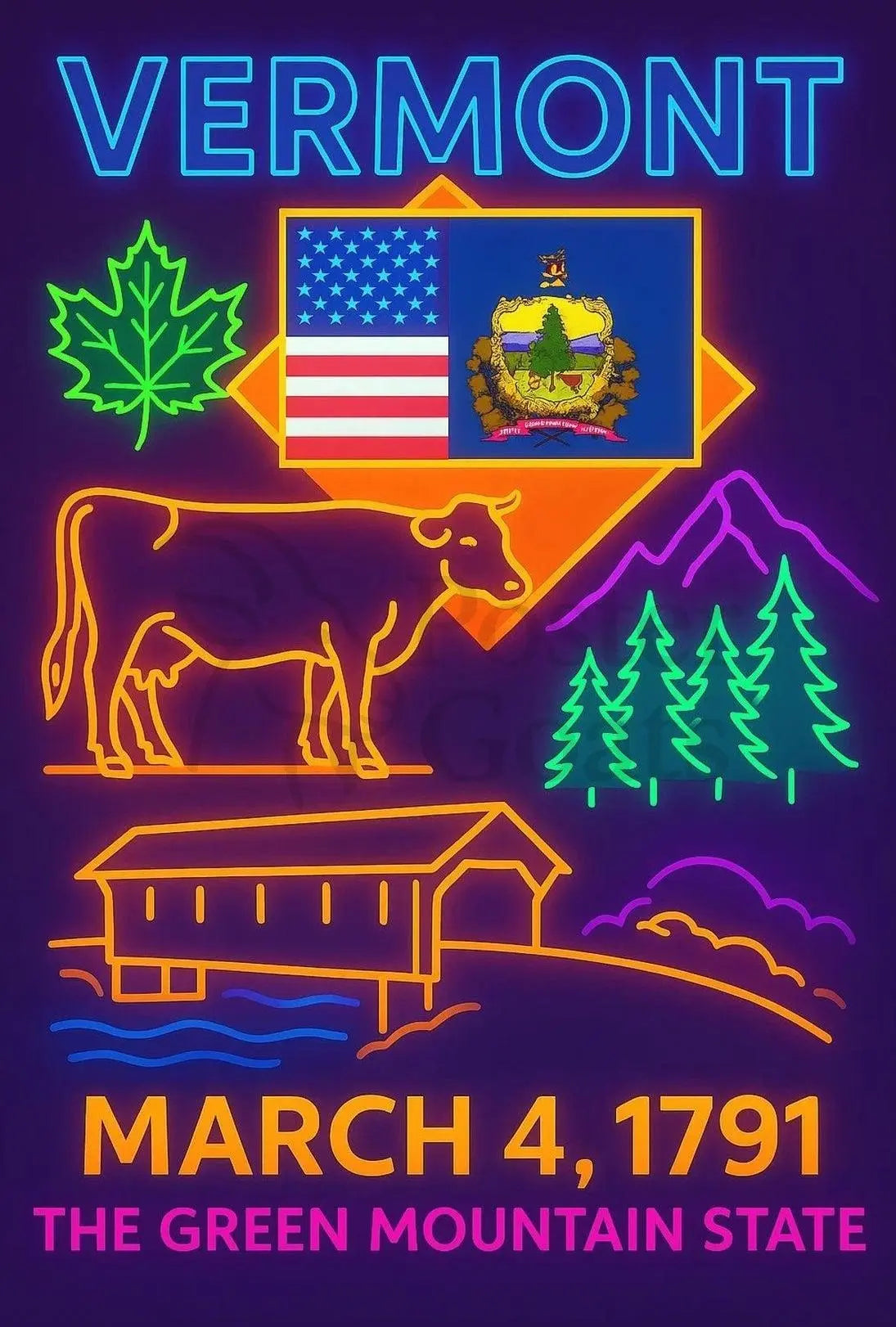 Vermont Green Mountain State Neon Sign Heritage Poster PosterGoat