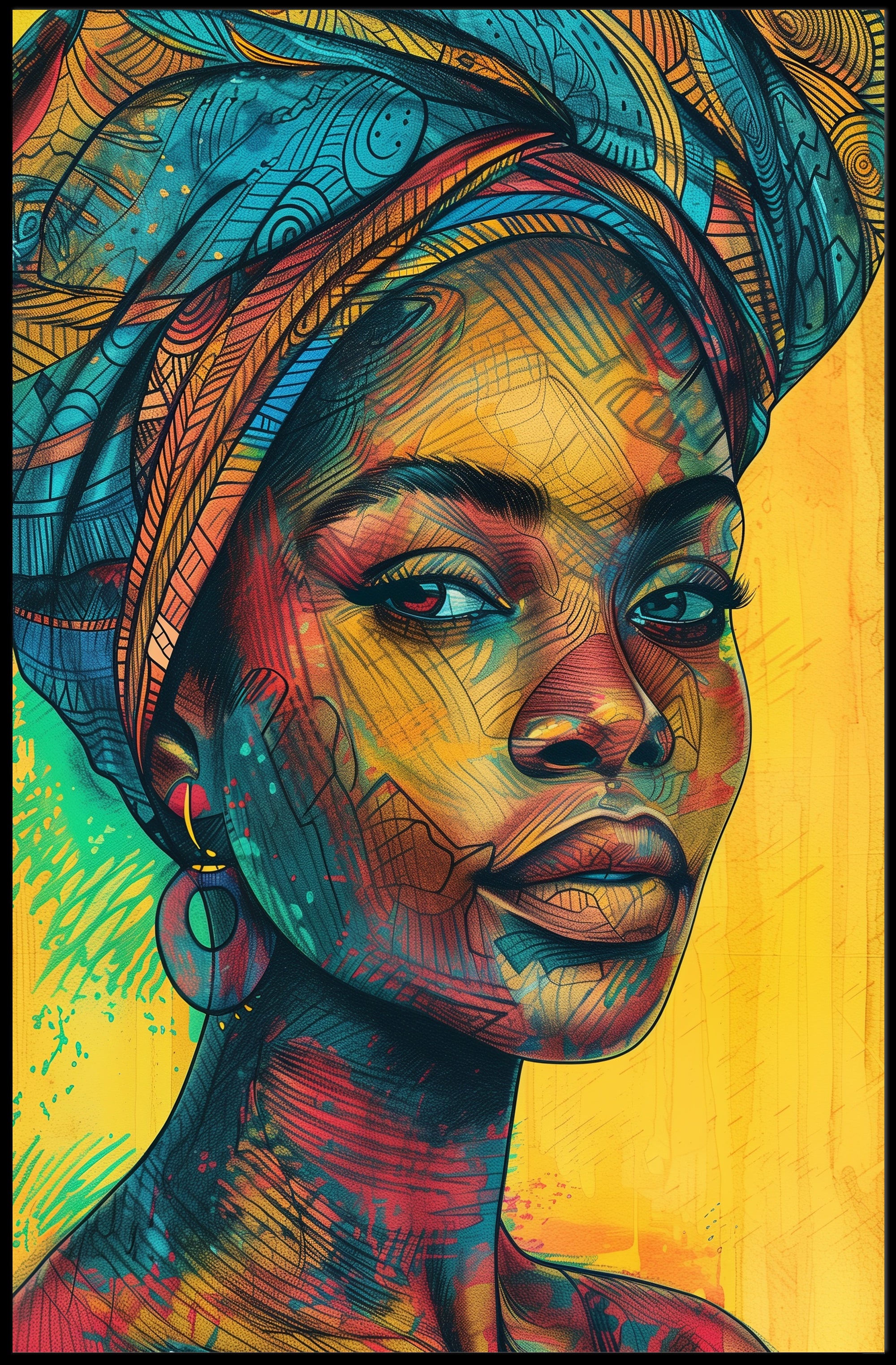 Vibrant Afro-Inspired Woman Portrait Cultural Poster PosterGoat