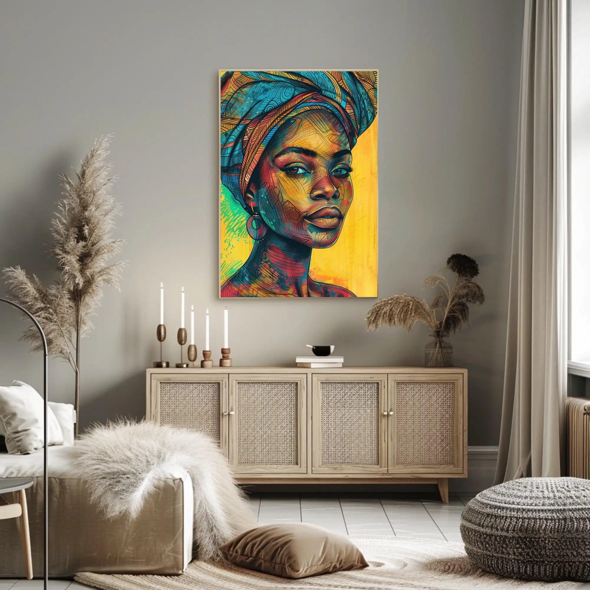 Vibrant Afro-Inspired Woman Portrait Cultural Poster PosterGoat