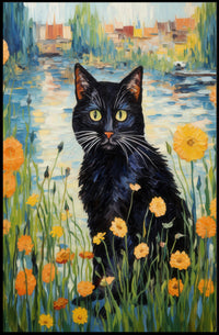 Vibrant Black Cat with Wildflowers Artistic Poster PosterGoat