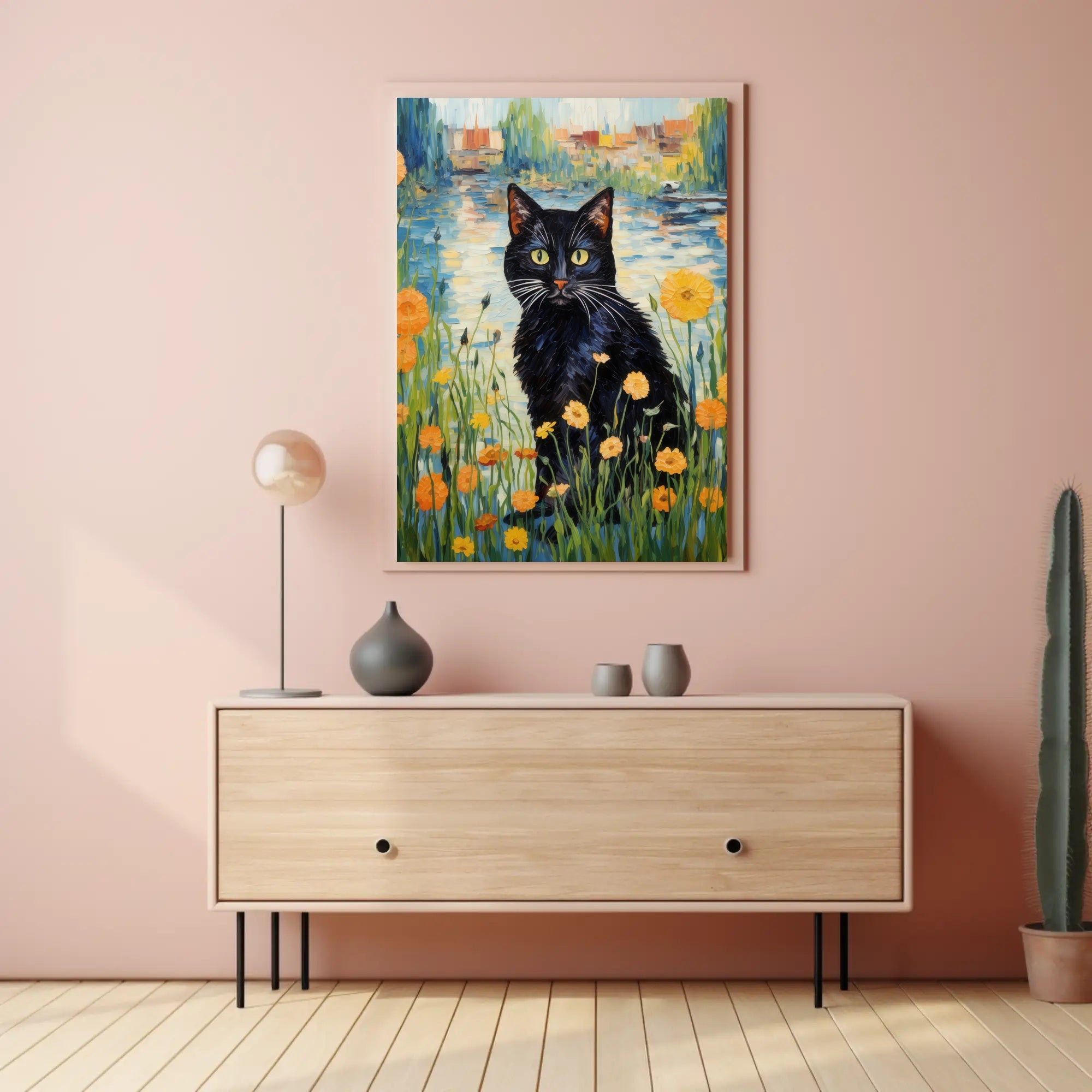 Vibrant Black Cat with Wildflowers Artistic Poster PosterGoat