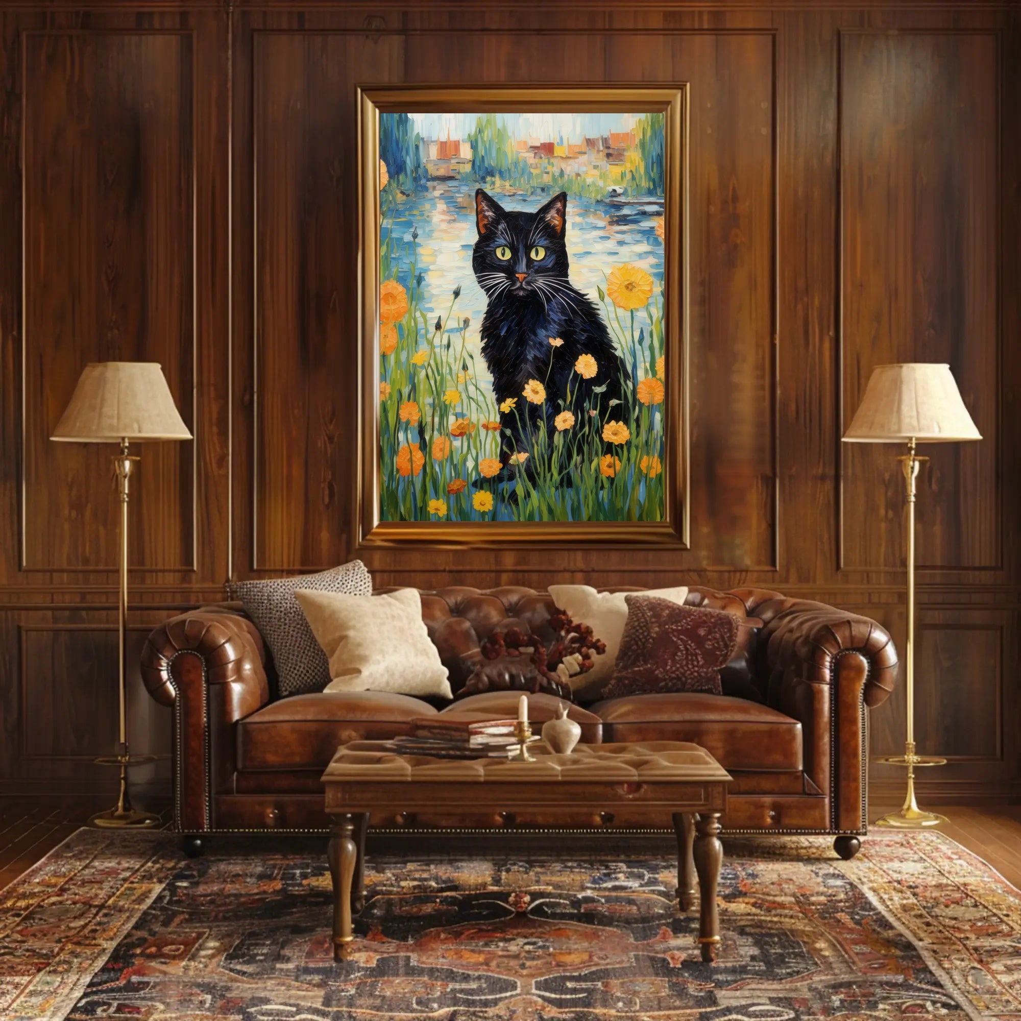 Vibrant Black Cat with Wildflowers Artistic Poster PosterGoat