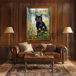 Vibrant Black Cat with Wildflowers Artistic Poster PosterGoat