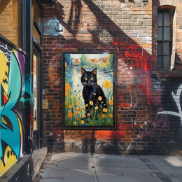Vibrant Black Cat with Wildflowers Artistic Poster PosterGoat