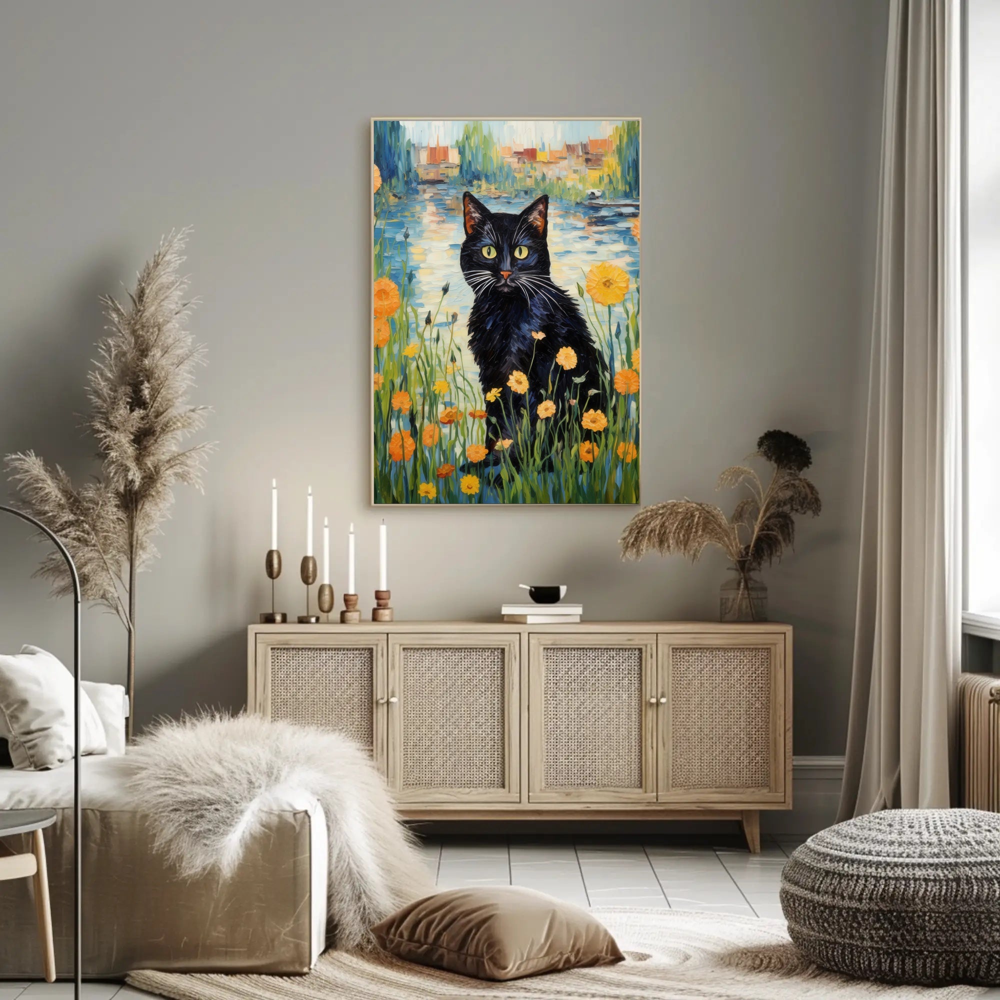 Vibrant Black Cat with Wildflowers Artistic Poster PosterGoat