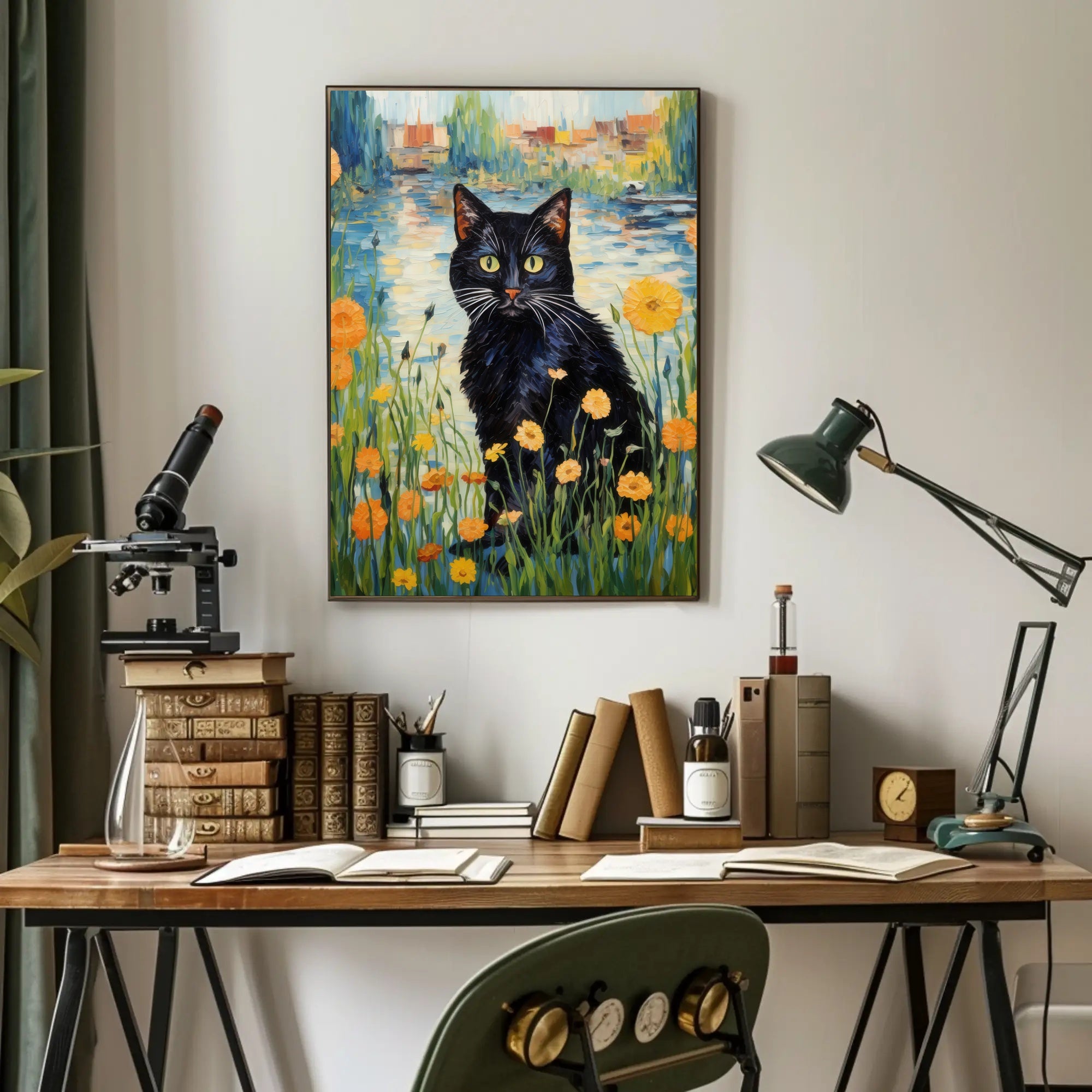Vibrant Black Cat with Wildflowers Artistic Poster PosterGoat