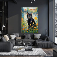 Vibrant Black Cat with Wildflowers Artistic Poster PosterGoat