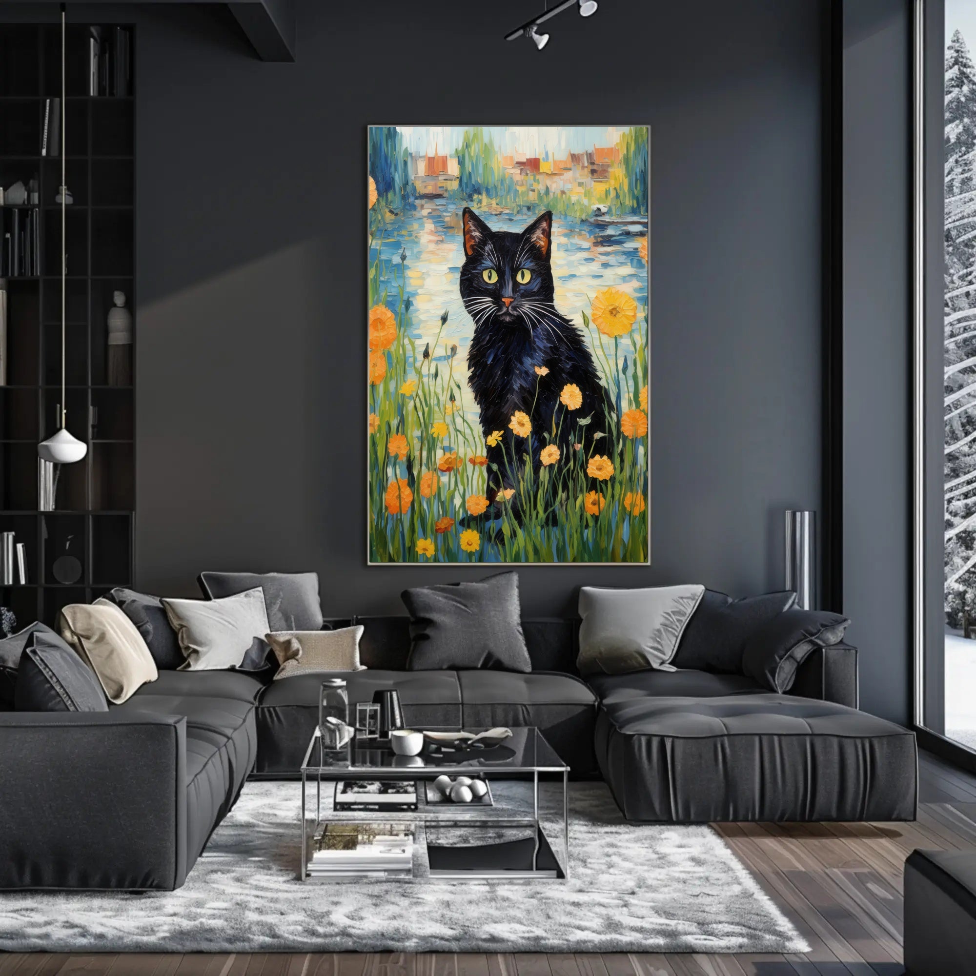 Vibrant Black Cat with Wildflowers Artistic Poster PosterGoat