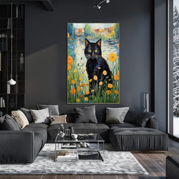 Vibrant Black Cat with Wildflowers Artistic Poster PosterGoat