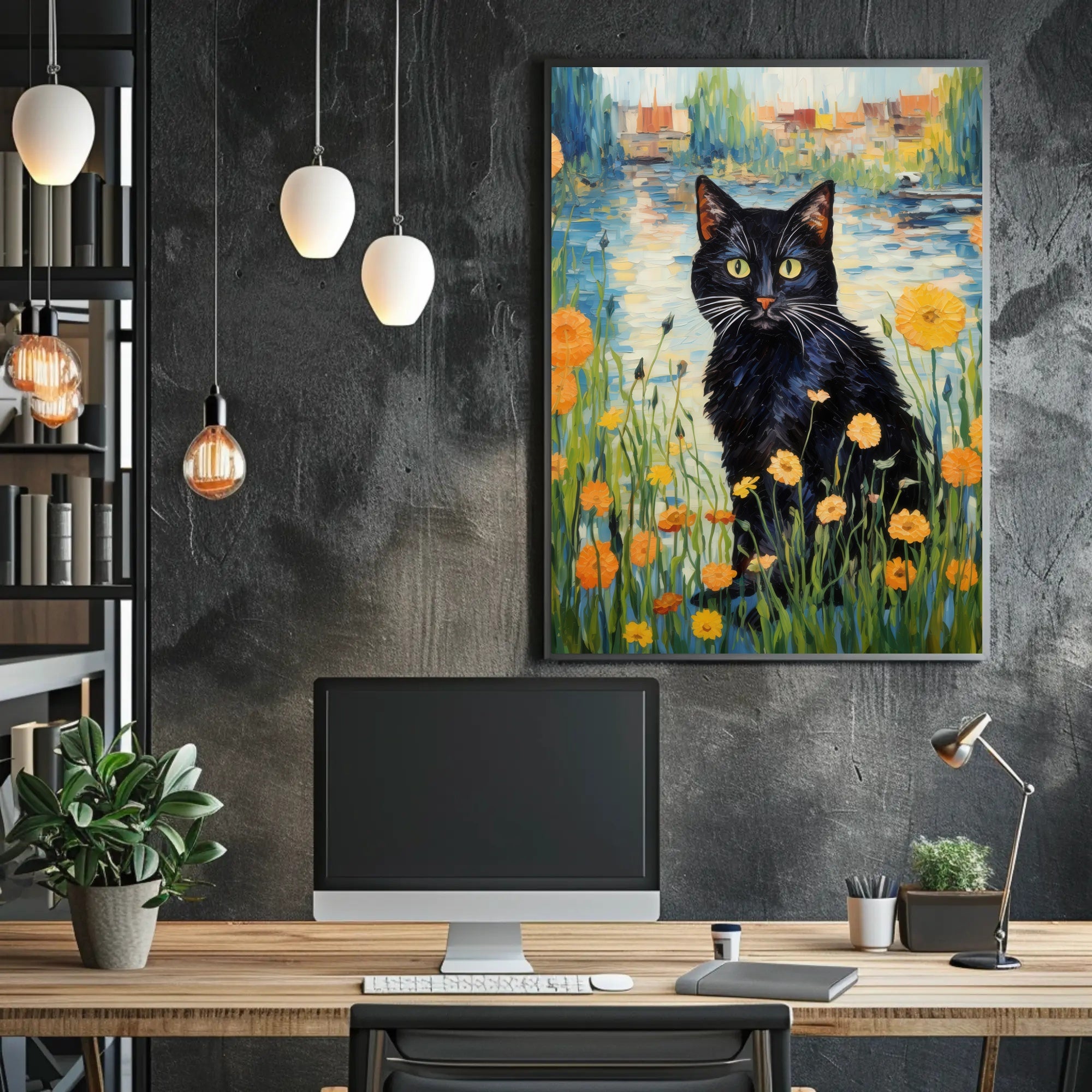 Vibrant Black Cat with Wildflowers Artistic Poster PosterGoat