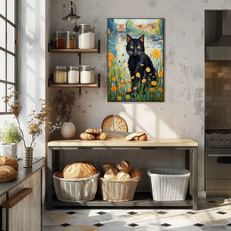 Vibrant Black Cat with Wildflowers Artistic Poster PosterGoat