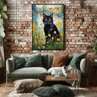 Vibrant Black Cat with Wildflowers Artistic Poster PosterGoat