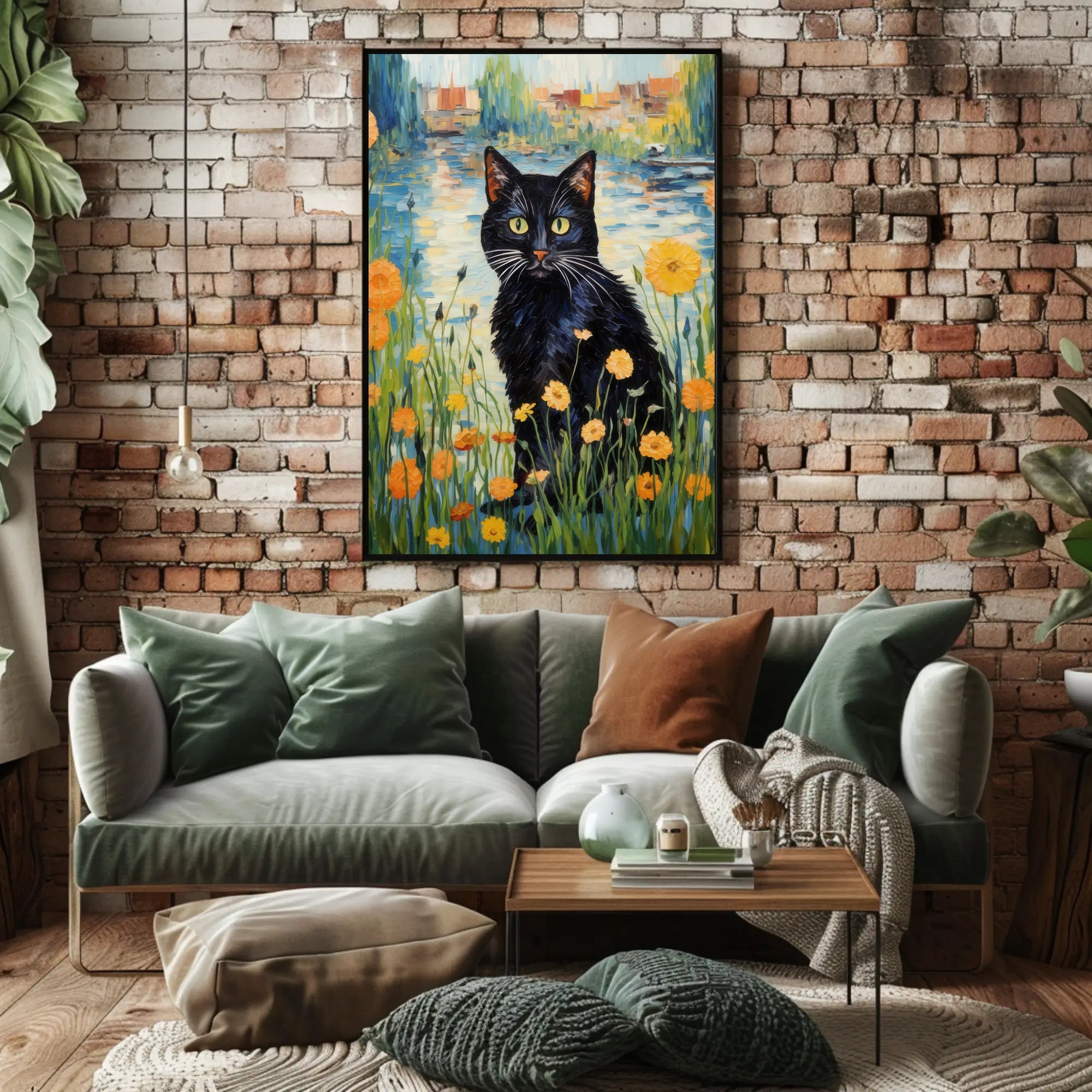 Vibrant Black Cat with Wildflowers Artistic Poster PosterGoat