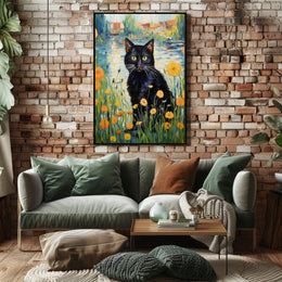 Vibrant Black Cat with Wildflowers Artistic Poster PosterGoat