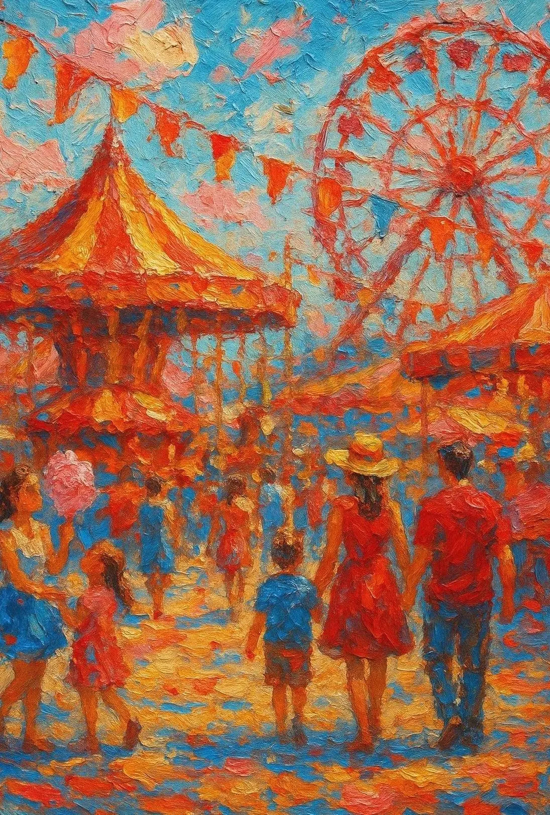 Vibrant Carnival Scene with Carousel and Ferris Wheel Poster PosterGoat