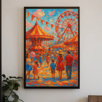 Vibrant Carnival Scene with Carousel and Ferris Wheel Poster PosterGoat