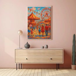 Vibrant Carnival Scene with Carousel and Ferris Wheel Poster PosterGoat